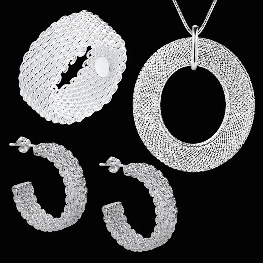 925 Sterling Silver Weave Pendant Necklace, Earrings, and Ring Set